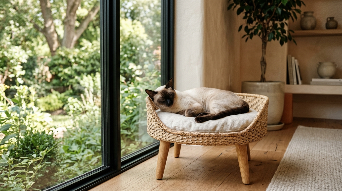 Katze liegt auf einem erhöhten Katzenbett mit Holzbeinen