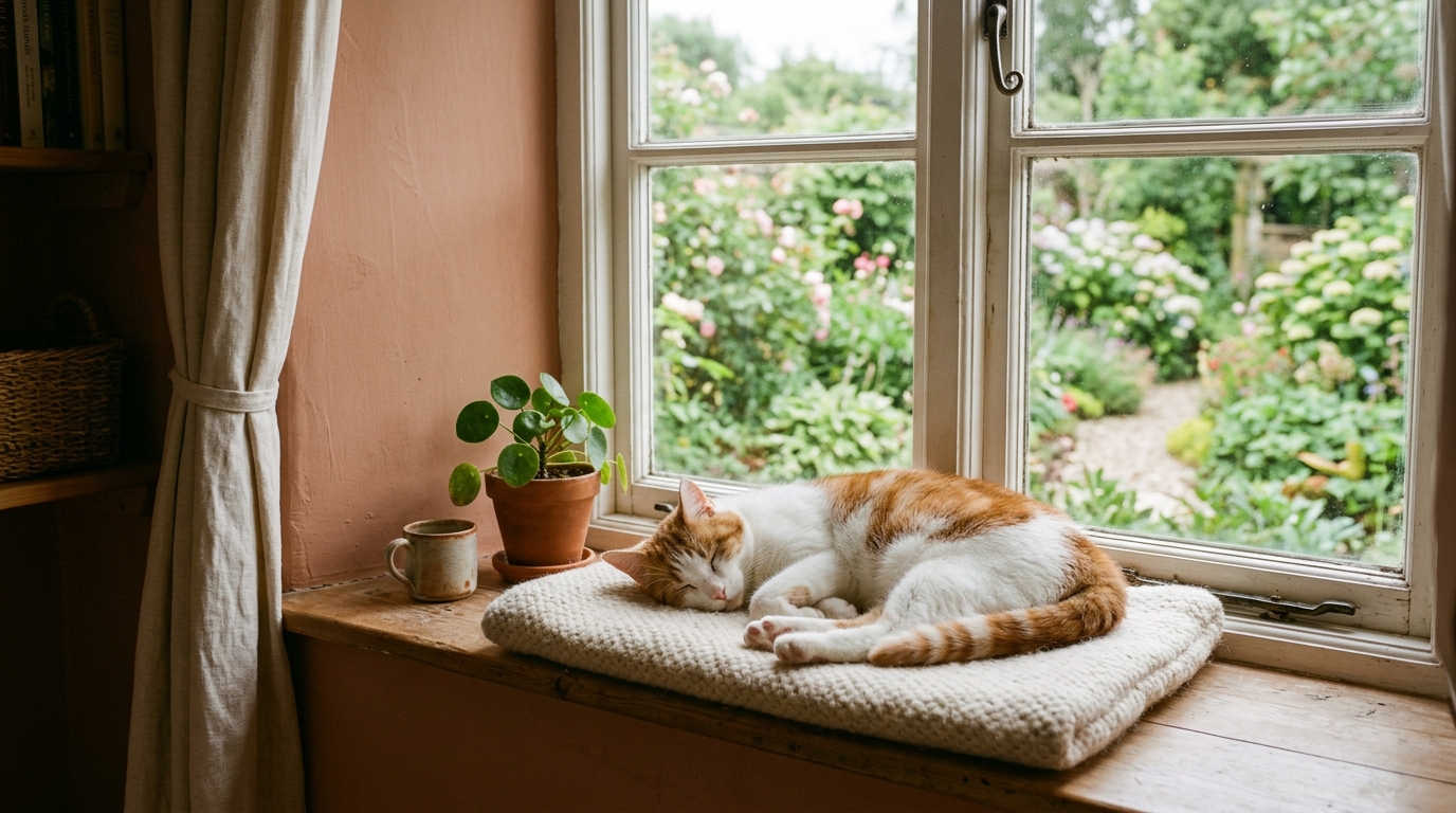 Katze schläft im Katzenbett auf der Fensterbank