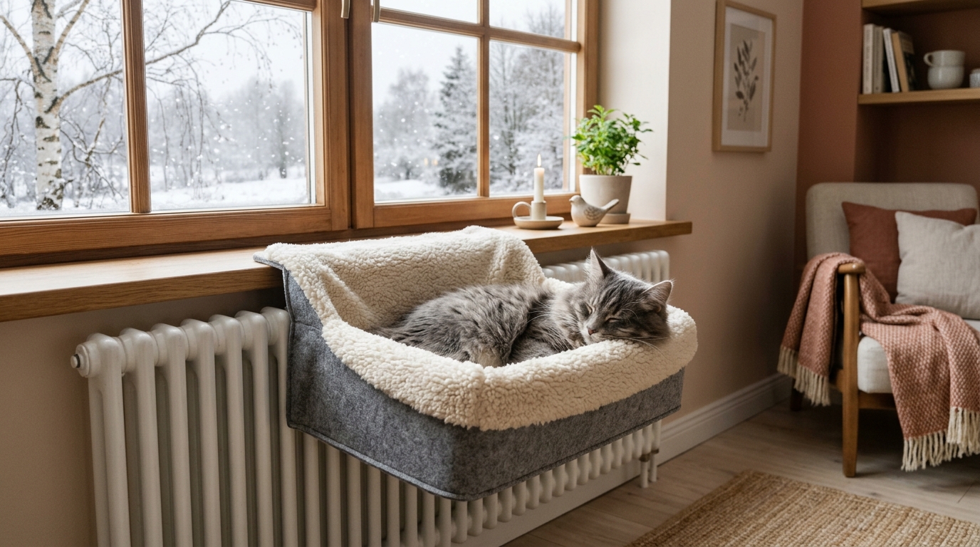 Katze schläft in einer Heizungsliege am Heizkörper