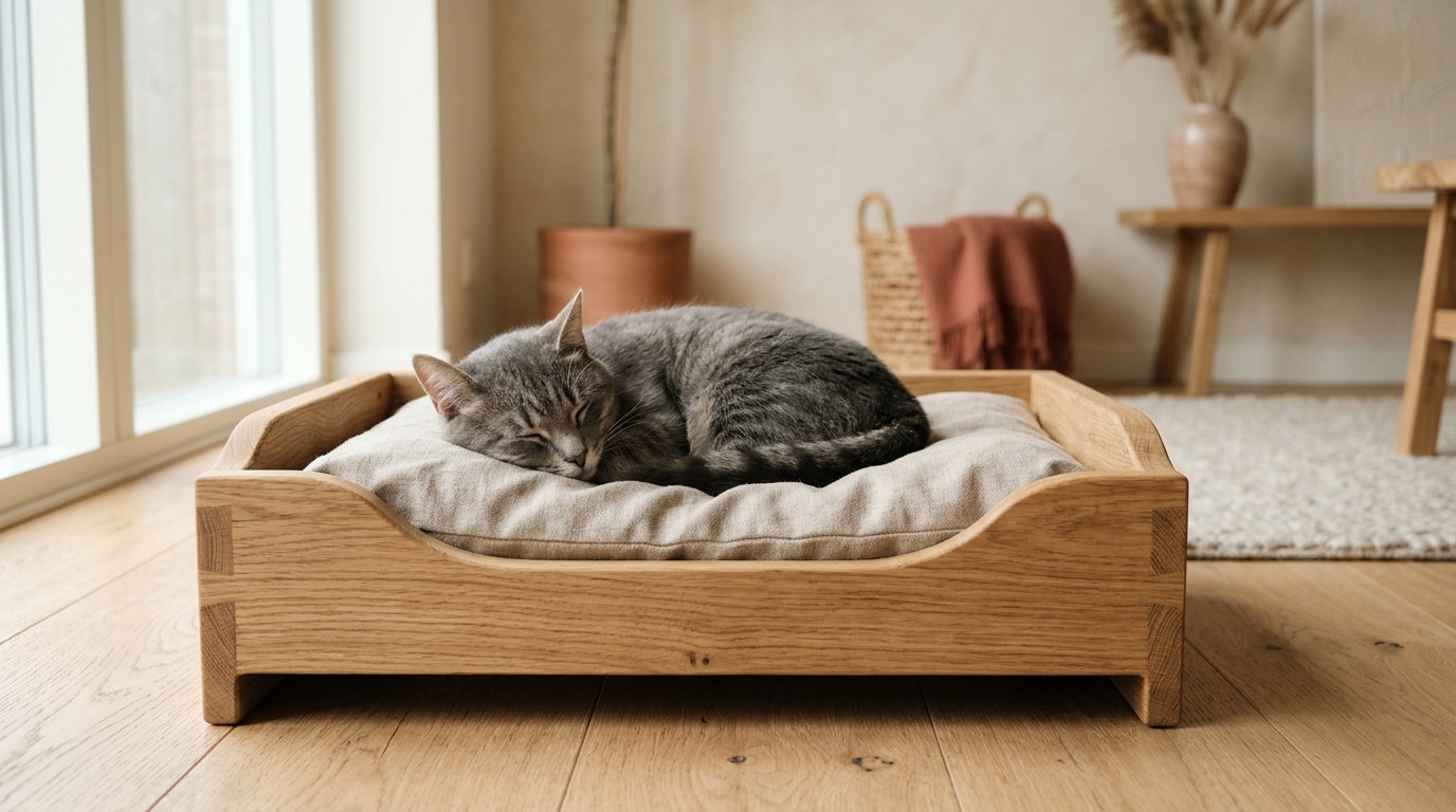 Katze schläft in einem Katzenbett aus Massivholz