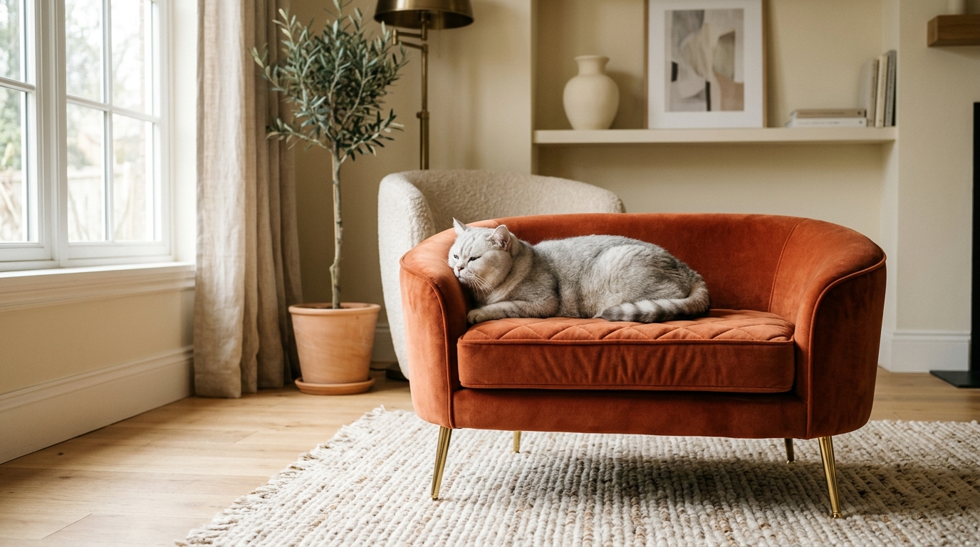 Katze auf einem luxuriösen Samt-Katzensofa