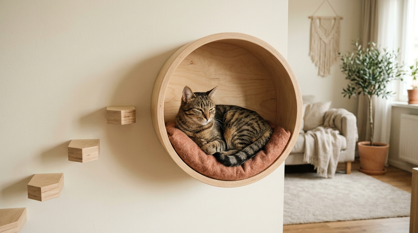 Katze liegt in einem Katzenbett zur Wandmontage