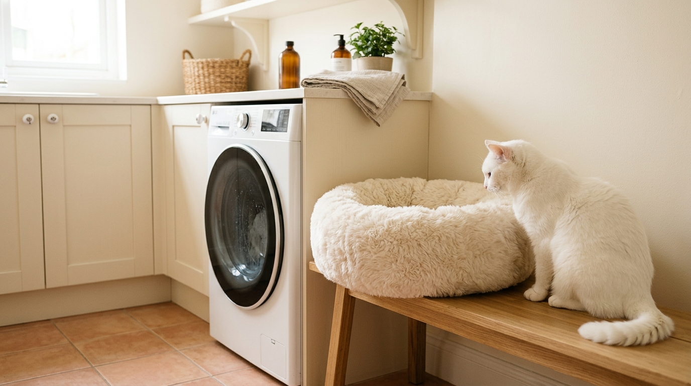 Waschbares Katzenbett neben der Waschmaschine
