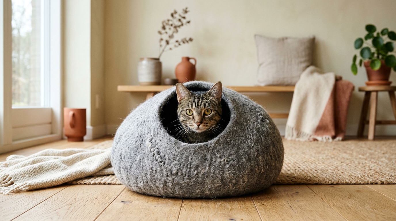 Katze schaut aus einer Filz-Katzenhöhle aus Merinowolle