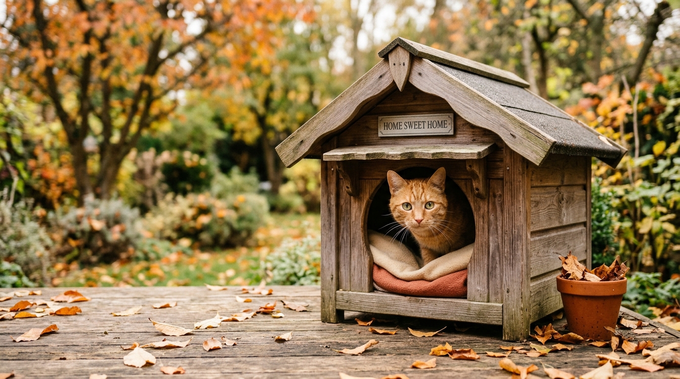 Katze schaut aus einer winterfesten Katzenhöhle für draußen