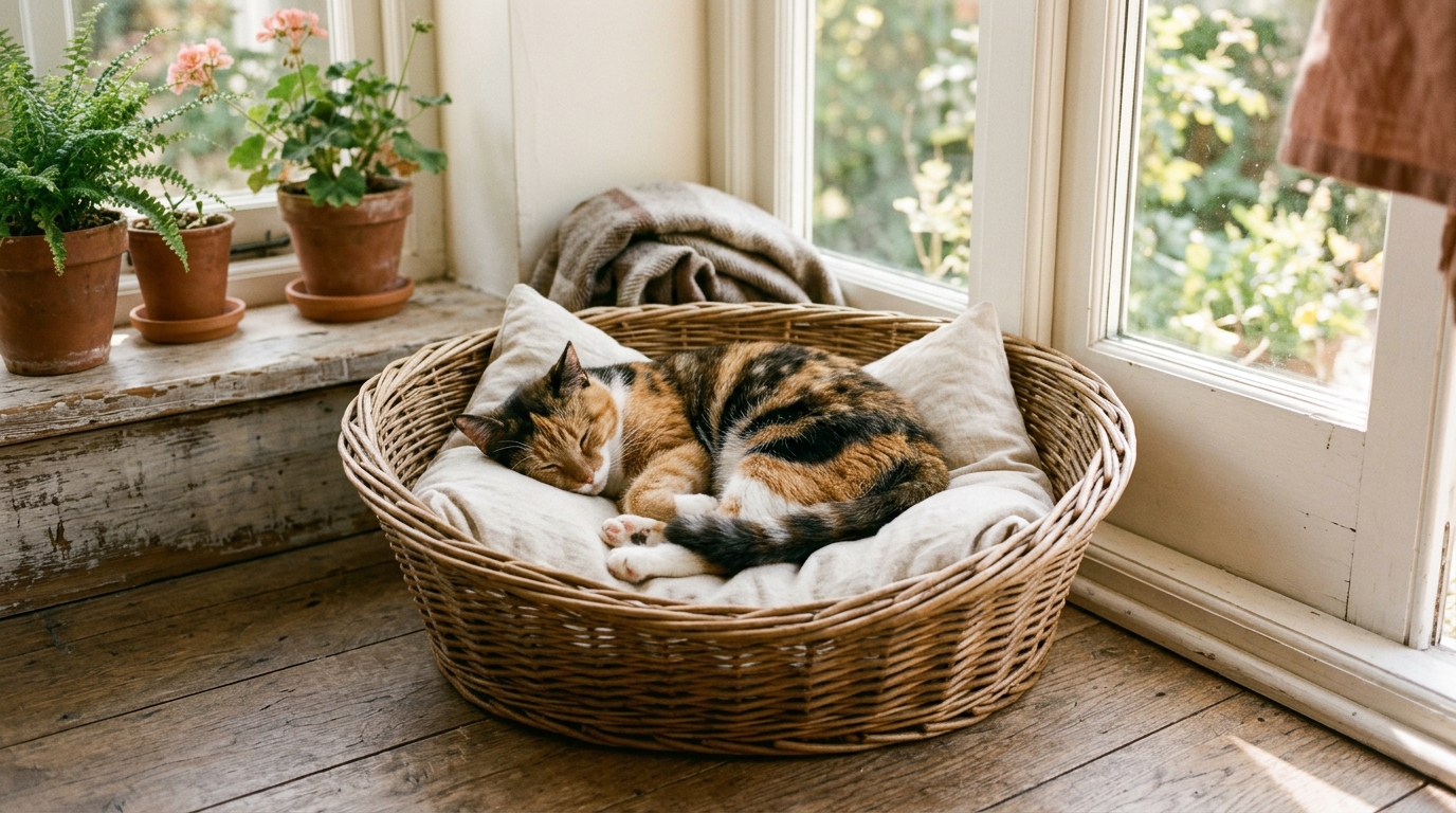 Katze schläft in einem Katzenkorb aus Weide