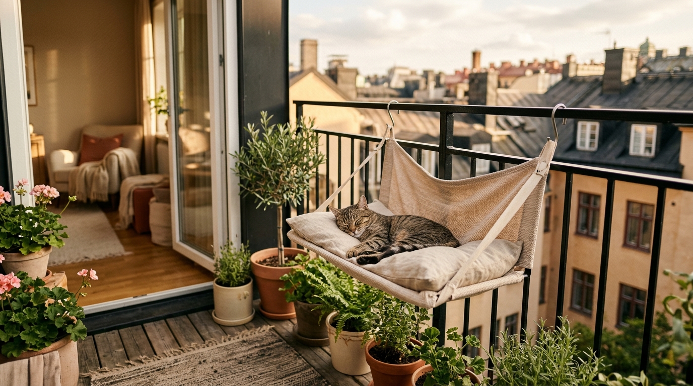 Katze in einer Katzenliege am Balkongeländer